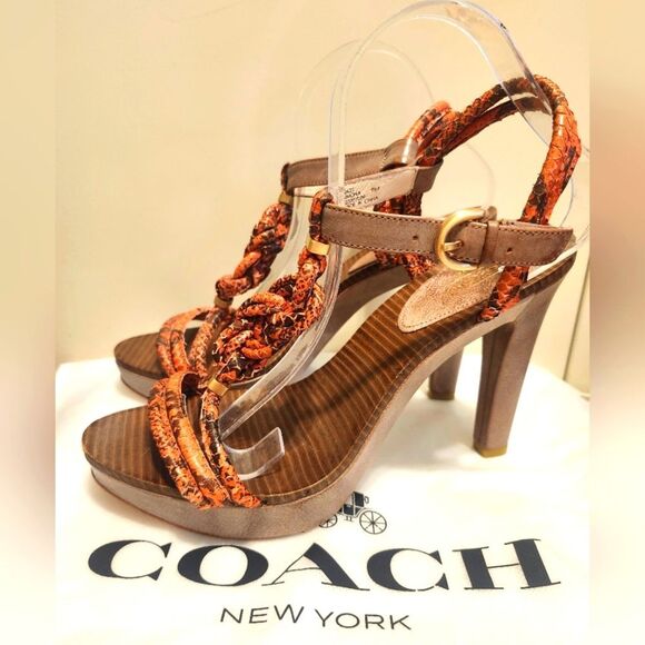 Brand New Coach "Simona" Orange/Tan Snake Waxy Leather Sandals Sz. 9 Ret $328 - Picture 1 of 9